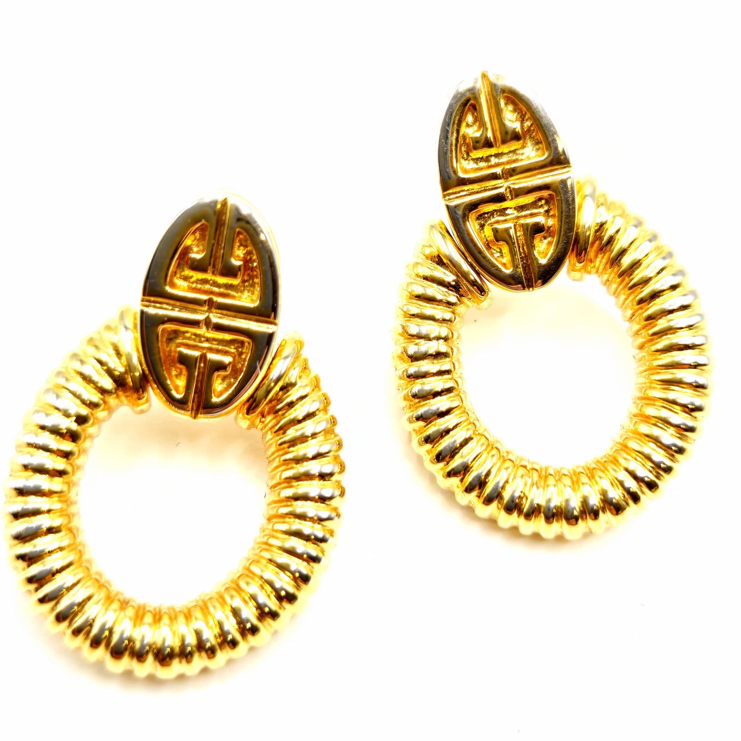 Vintage GIVENCHY logo Door Knocker gold tone dangle designer runway earrings