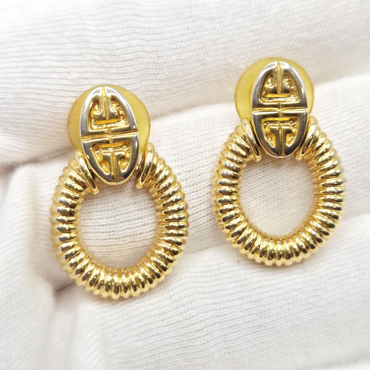 Vintage GIVENCHY logo Door Knocker gold tone dangle designer runway earrings