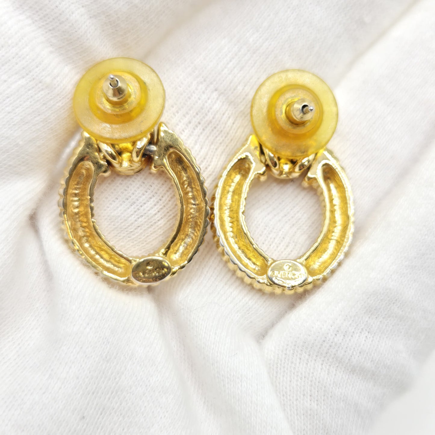 Vintage GIVENCHY logo Door Knocker gold tone dangle designer runway earrings