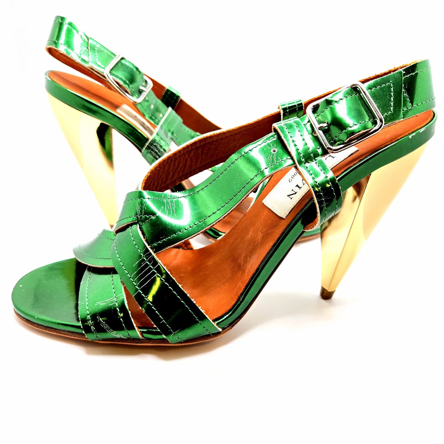 Lanvin Ete 2009 emerald green patent leather slingback sandals gold metallic cone heels size 38.5