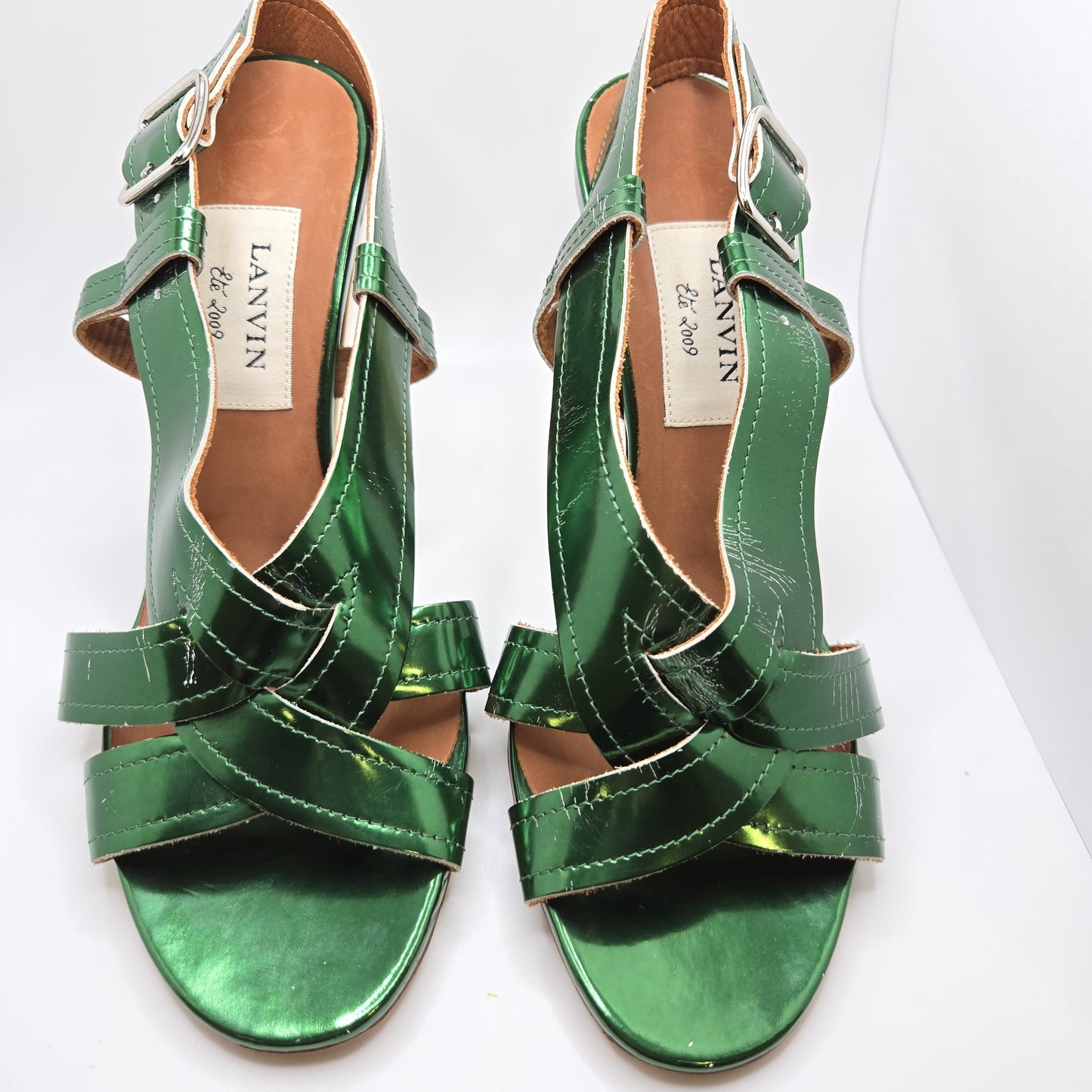 Lanvin Ete 2009 emerald green patent leather slingback sandals gold metallic cone heels size 38.5