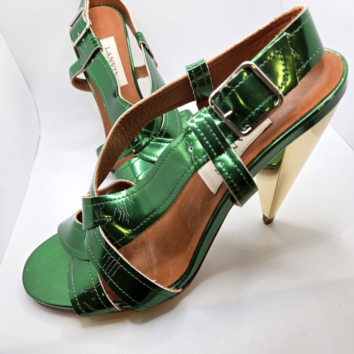 Lanvin Ete 2009 emerald green patent leather slingback sandals gold metallic cone heels size 38.5
