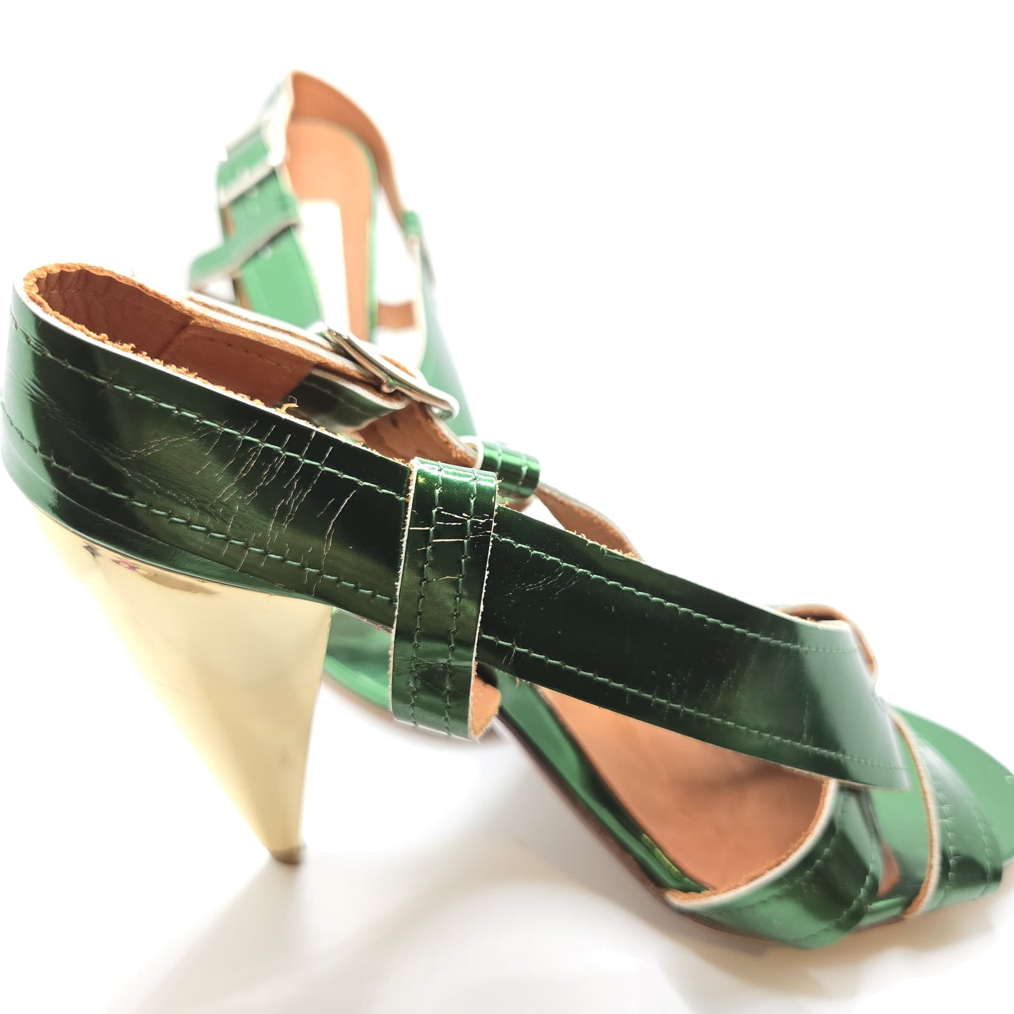 Lanvin Ete 2009 emerald green patent leather slingback sandals gold metallic cone heels size 38.5