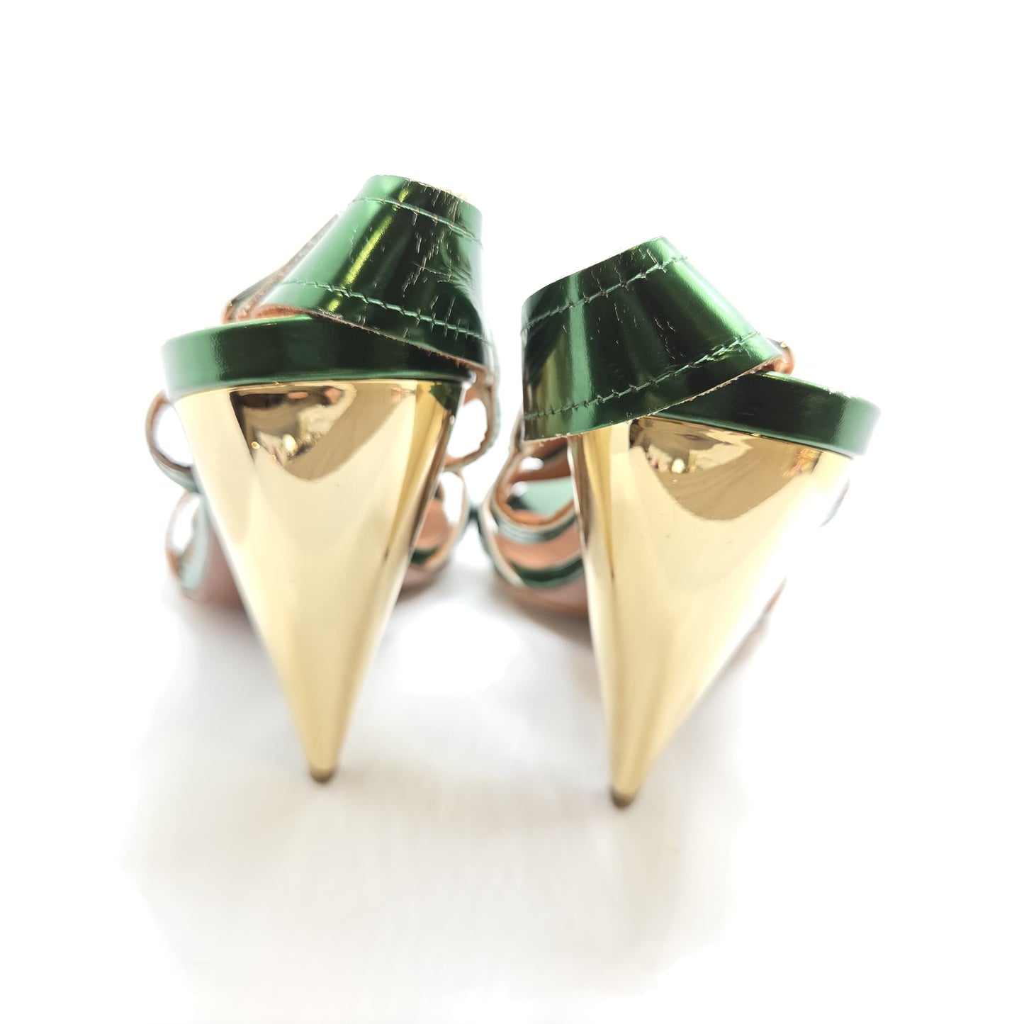 Lanvin Ete 2009 emerald green patent leather slingback sandals gold metallic cone heels size 38.5