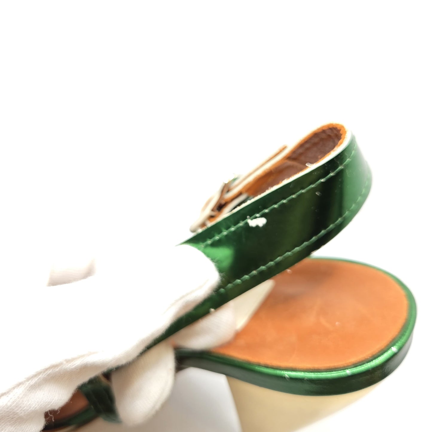 Lanvin Ete 2009 emerald green patent leather slingback sandals gold metallic cone heels size 38.5