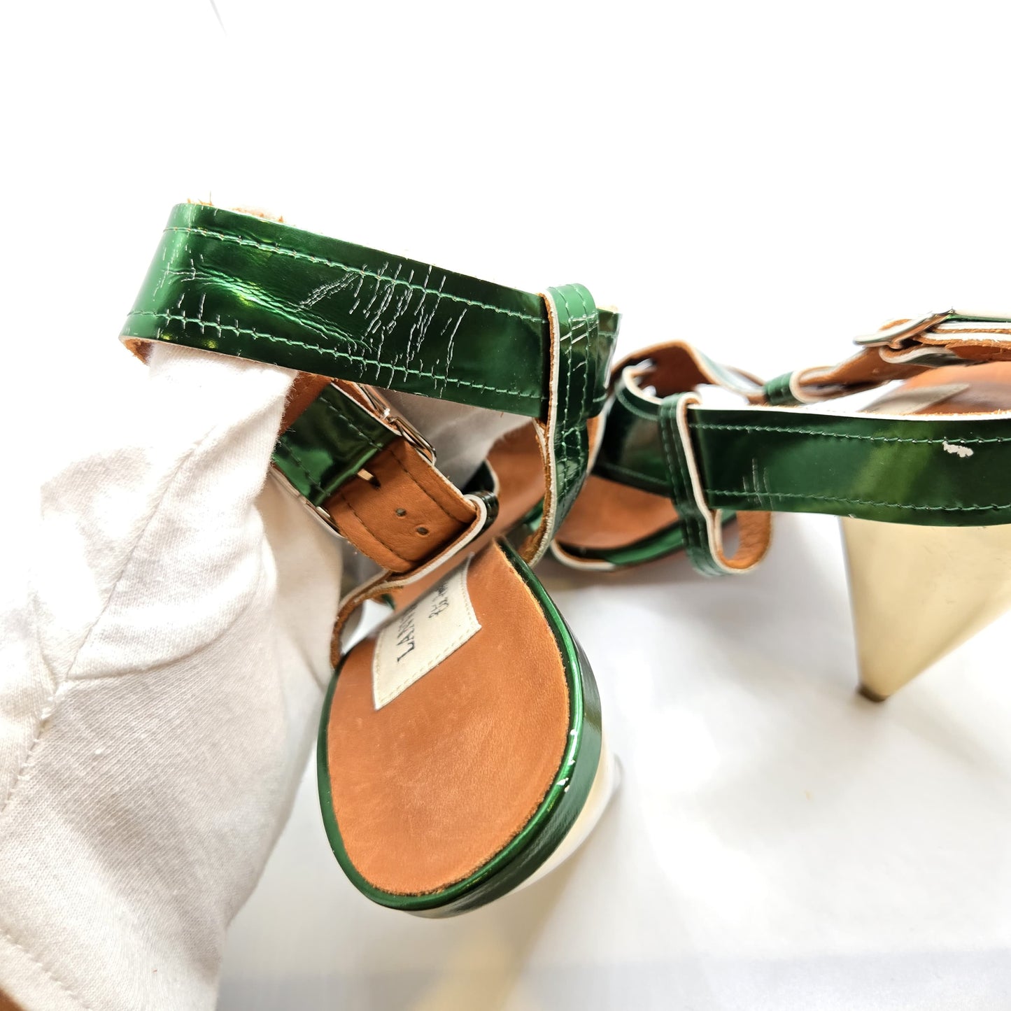 Lanvin Ete 2009 emerald green patent leather slingback sandals gold metallic cone heels size 38.5