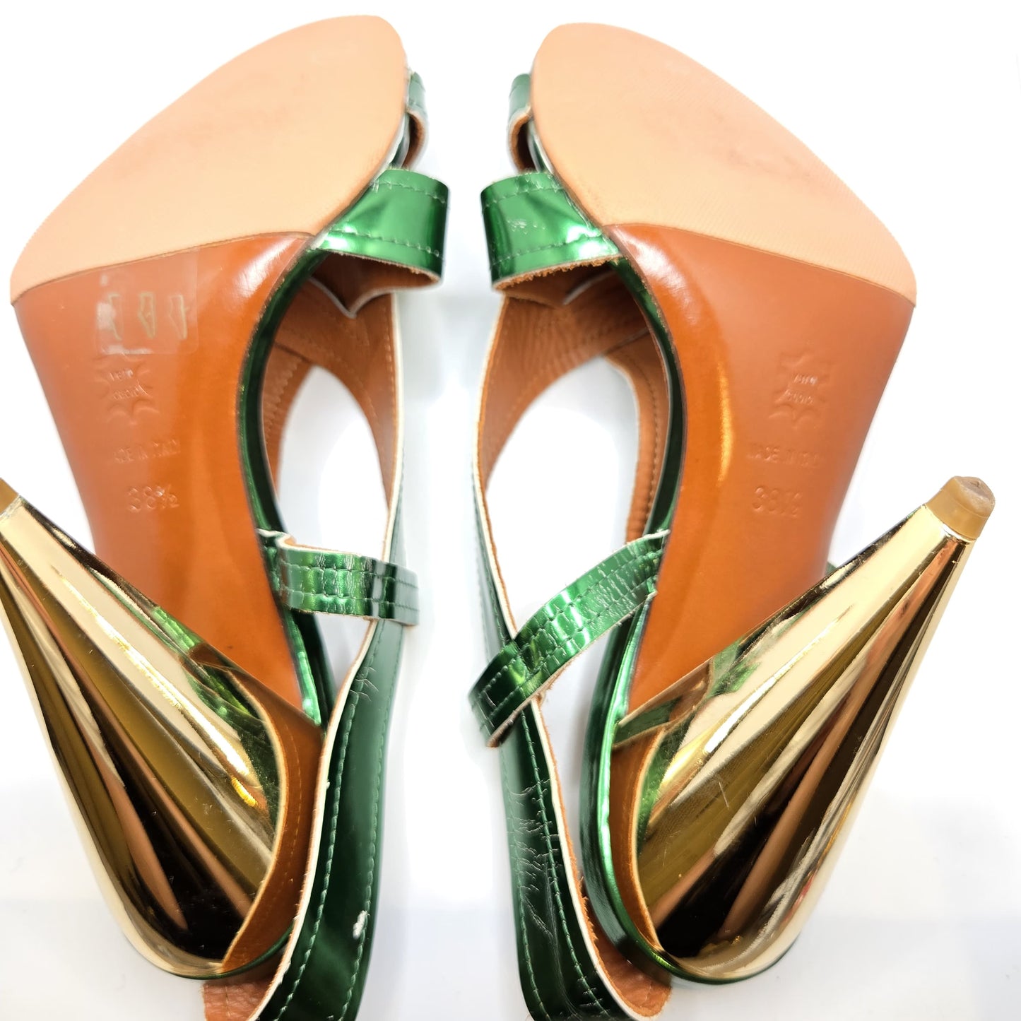Lanvin Ete 2009 emerald green patent leather slingback sandals gold metallic cone heels size 38.5