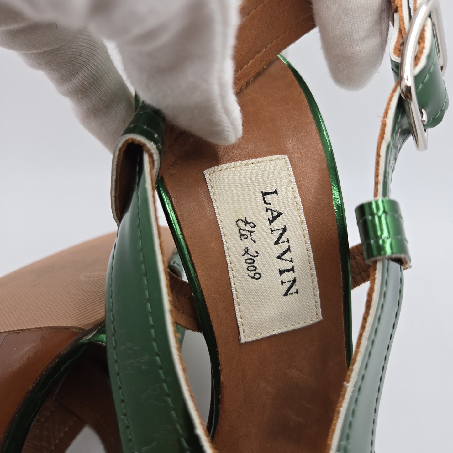 Lanvin Ete 2009 emerald green patent leather slingback sandals gold metallic cone heels size 38.5