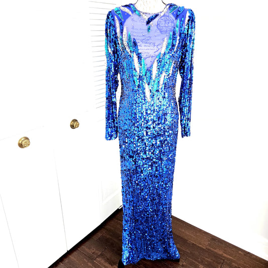 Vintage NEIMAN MARCUS SHO MAX ORIGINALS Royal blue Sequined Beaded long evening dress designer runway size L