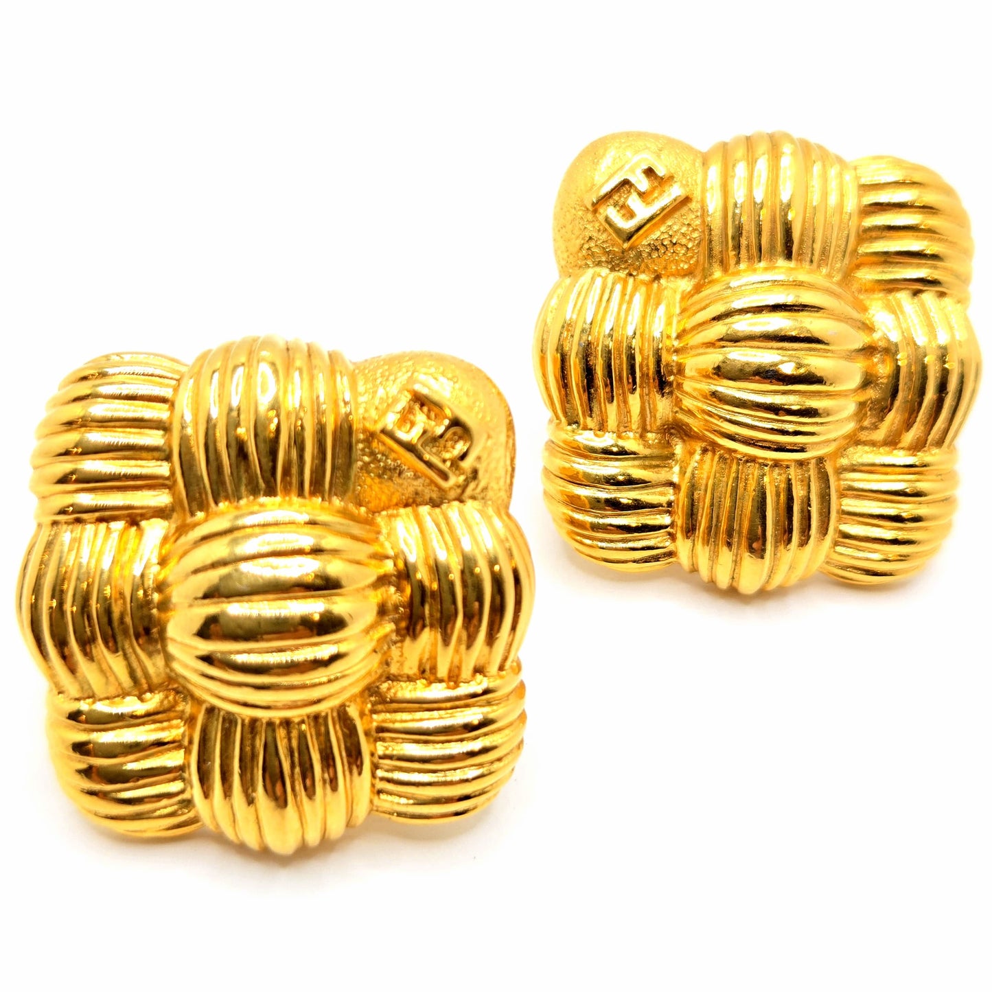 Vintage FENDI Signed FF logo Basket Weave Gold tone square designer runway Earrings