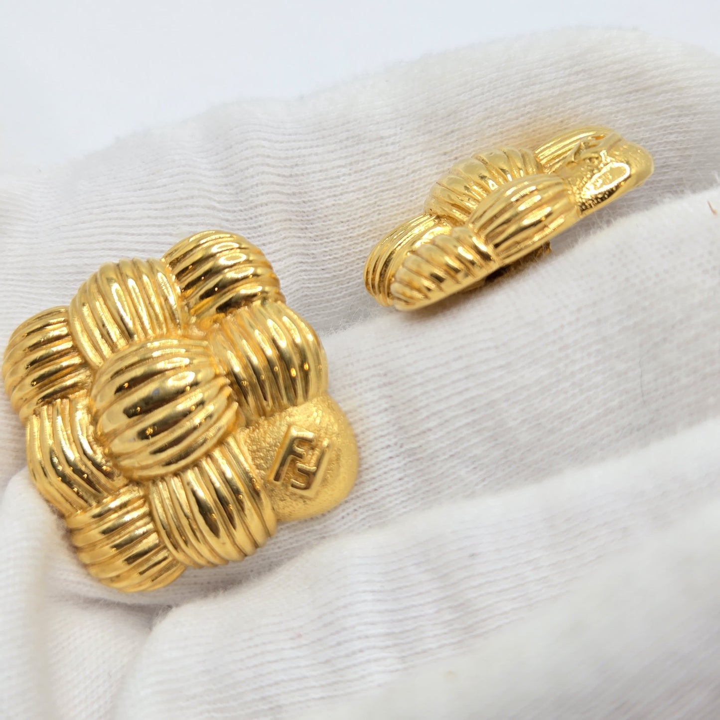 Vintage FENDI Signed FF logo Basket Weave Gold tone square designer runway Earrings
