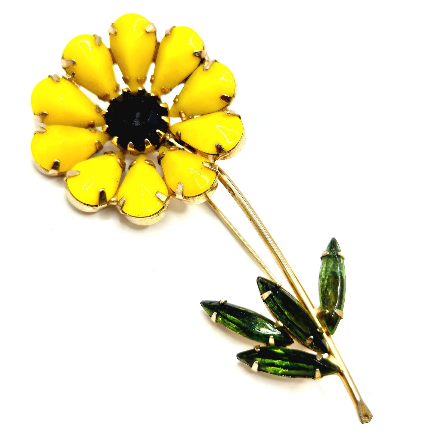Vintage WEISS unsigned Yellow Flower Green Black Rhinestones Gold tone Brooch Pin