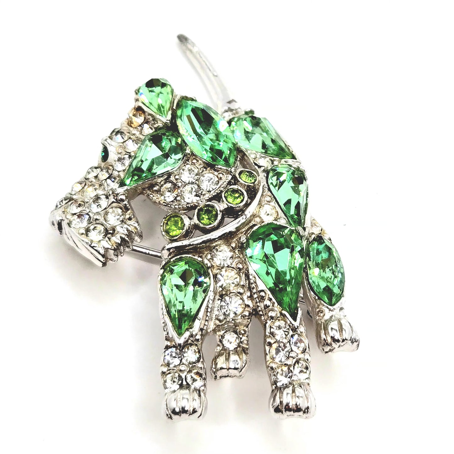 Vintage BOGOFF Scottish Terrier Dog green clear rhinestones silver tone Brooch Pin