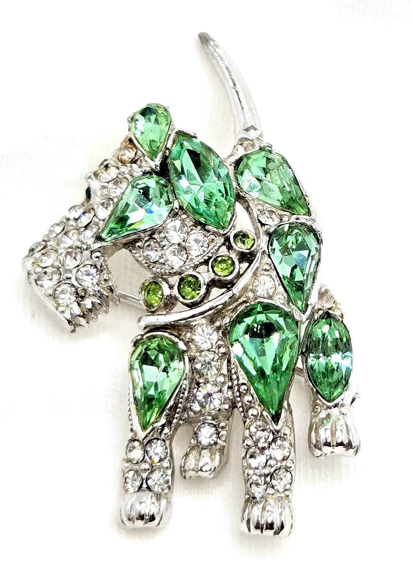 Vintage BOGOFF Scottish Terrier Dog green clear rhinestones silver tone Brooch Pin