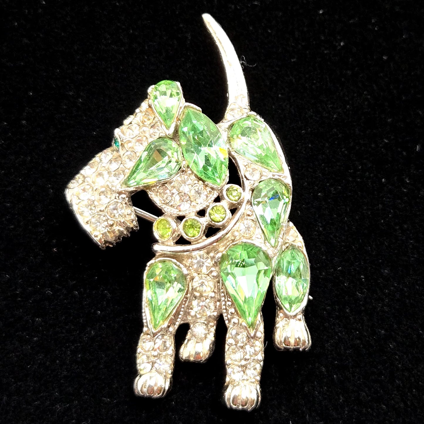 Vintage BOGOFF Scottish Terrier Dog green clear rhinestones silver tone Brooch Pin
