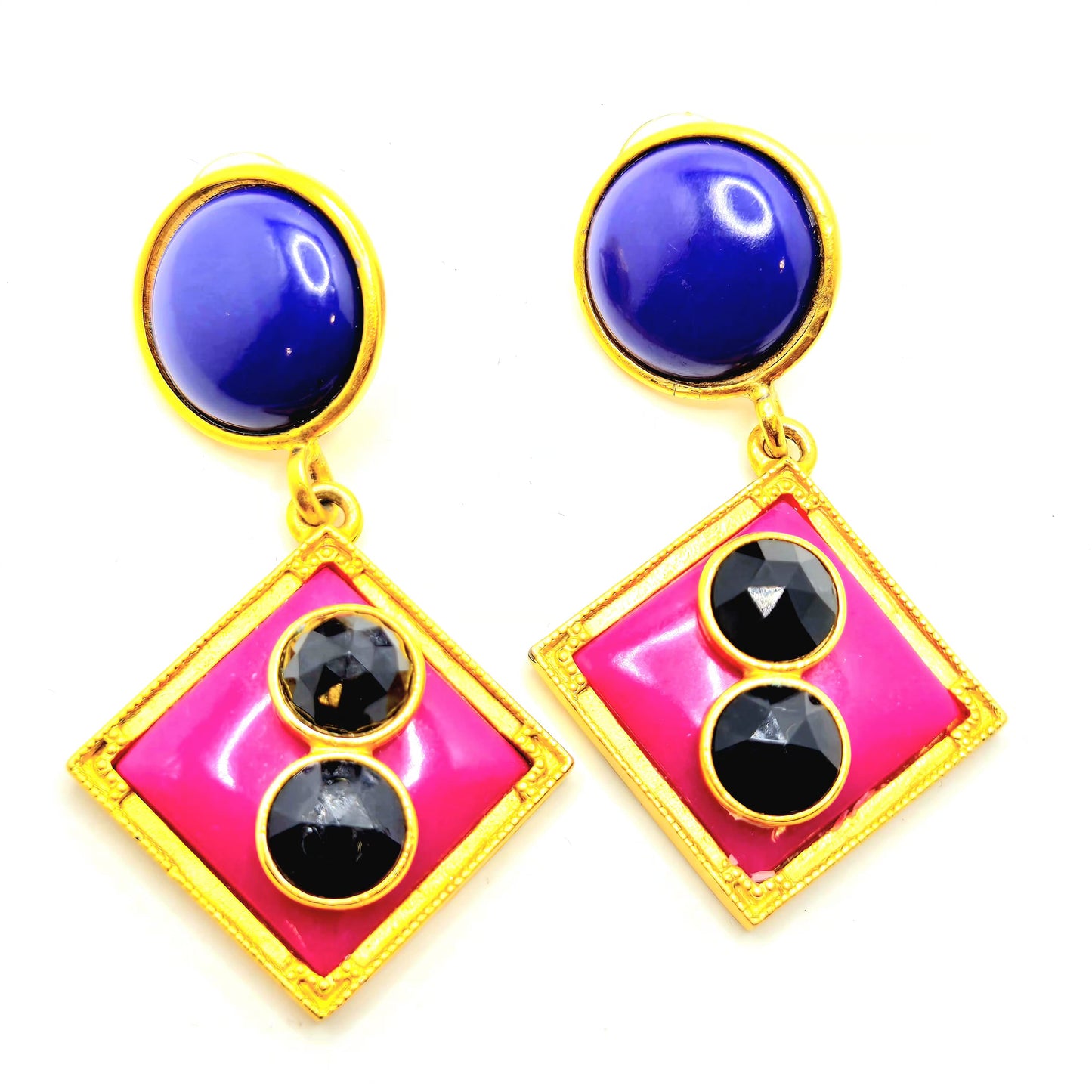 Vintage Geometric design Pink purple enamel black Cabochon dangle gold tone designer runway Earrings