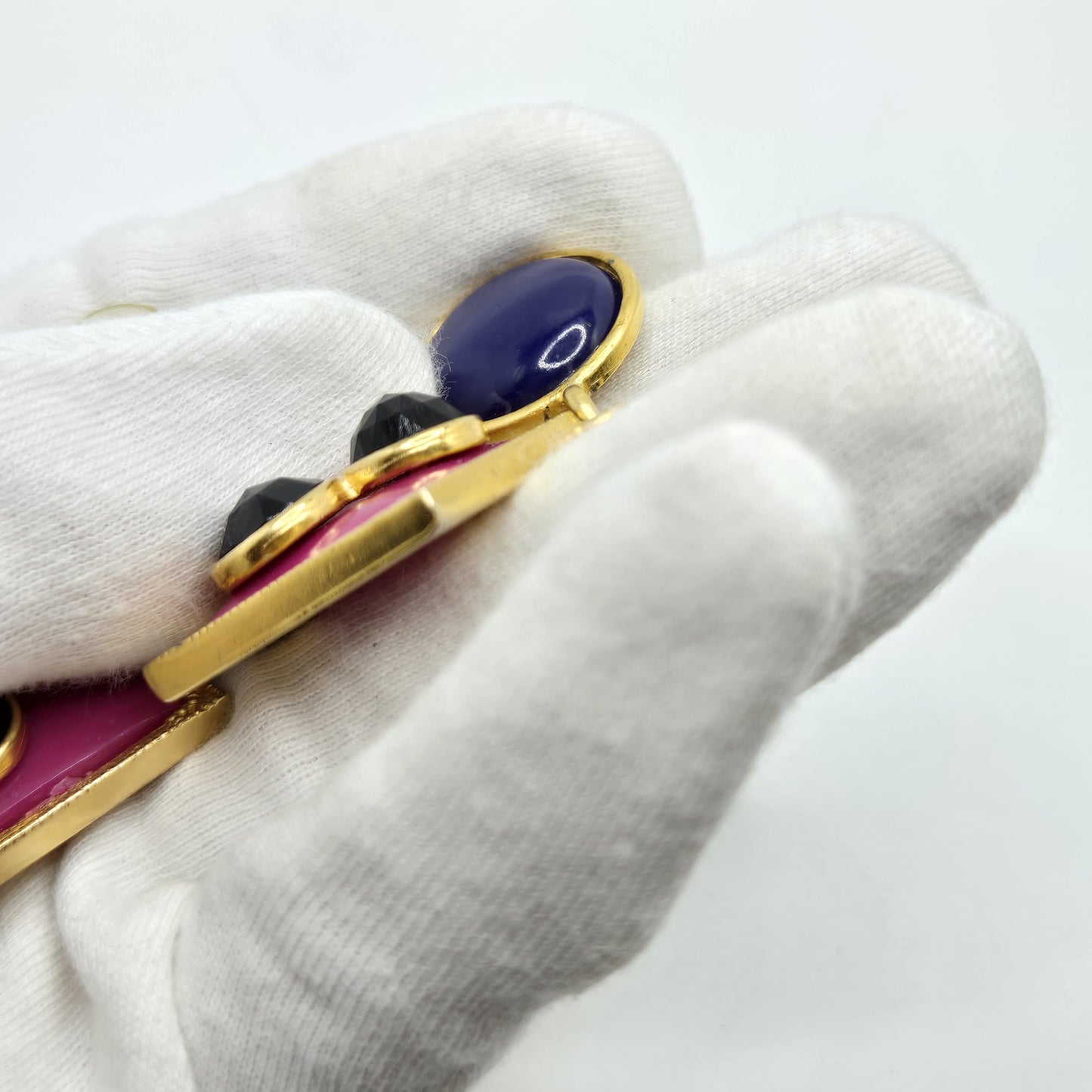 Vintage Geometric design Pink purple enamel black Cabochon dangle gold tone designer runway Earrings