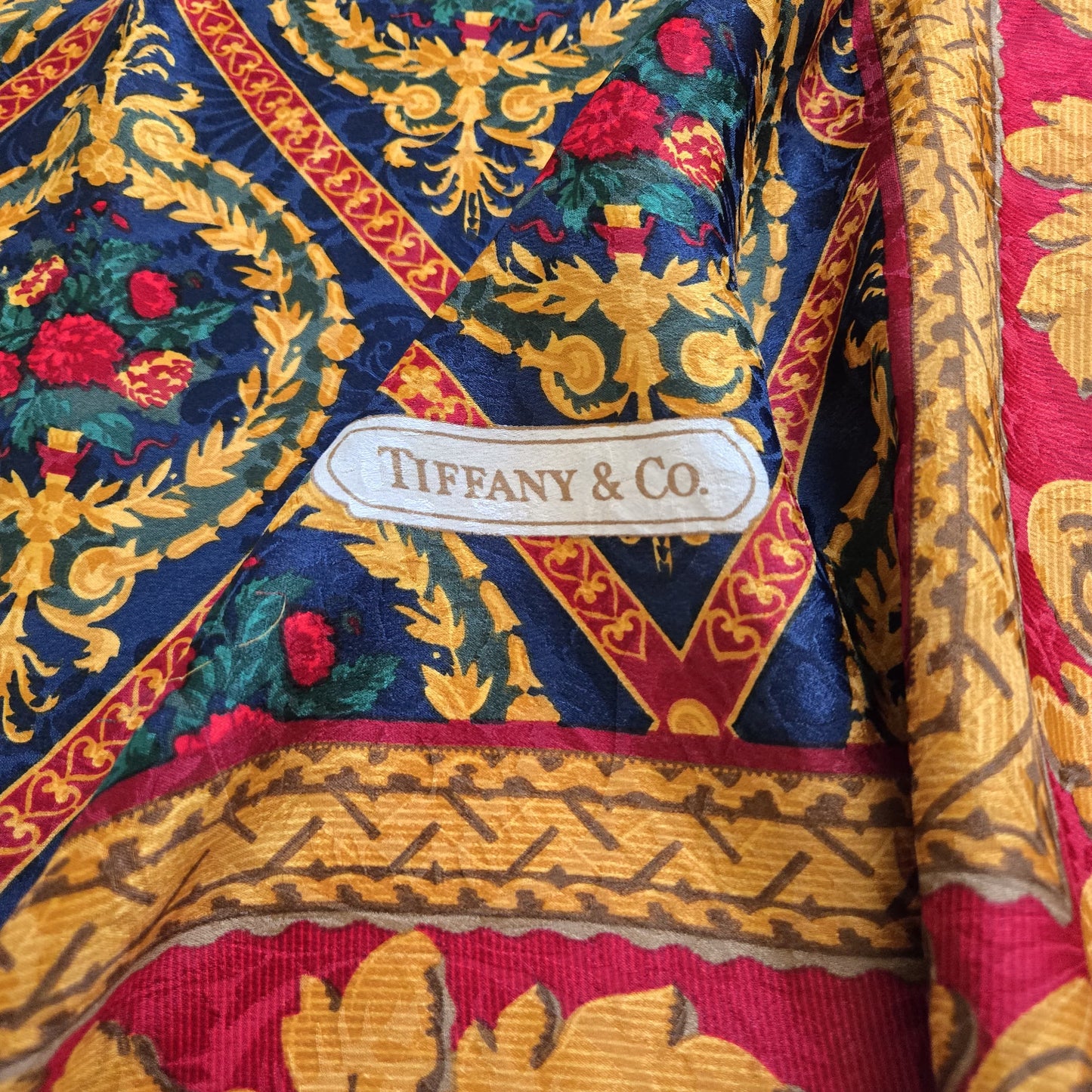 Vintage TIFFANY & CO. printed silk scarf blue, red, green and gold design with hand-rolled edges silk scarf 34x34