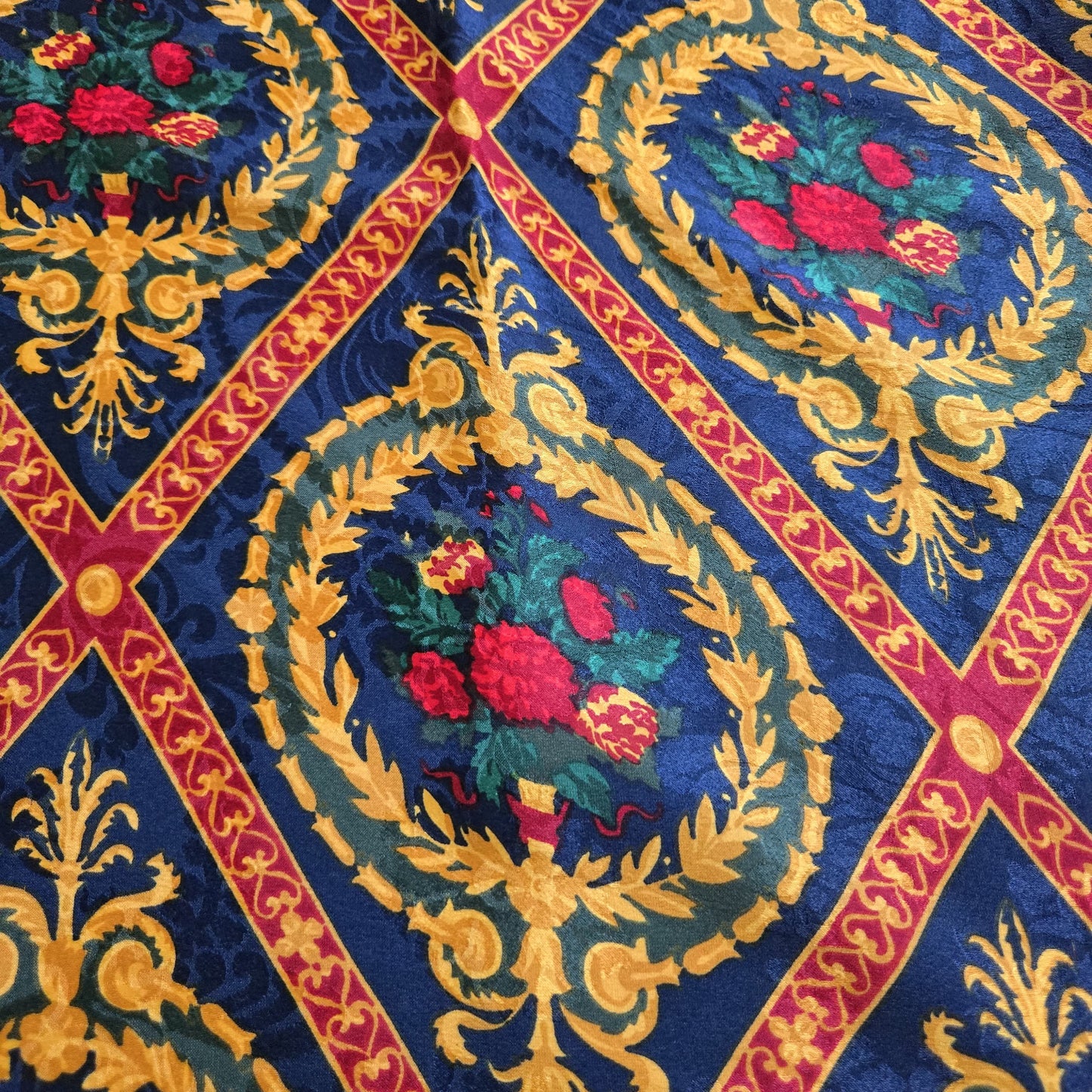 Vintage TIFFANY & CO. printed silk scarf blue, red, green and gold design with hand-rolled edges silk scarf 34x34