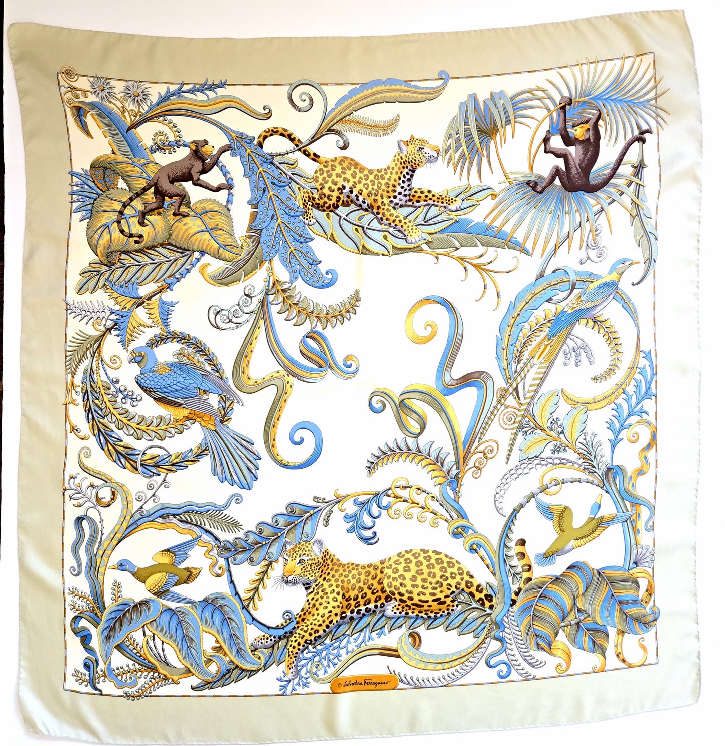 Vintage SALVATORE FERRAGAMO Leopard Botanical Monkeys Birds blue gold brown cream silk scarf 34x35