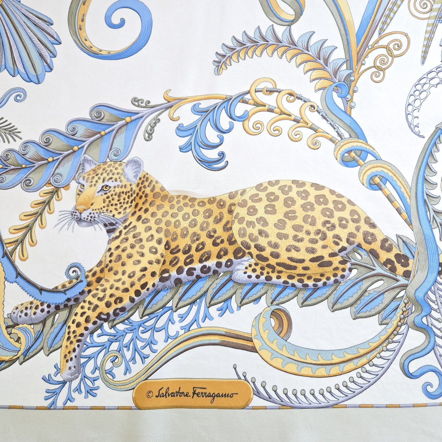 Vintage SALVATORE FERRAGAMO Leopard Botanical Monkeys Birds blue gold brown cream silk scarf 34x35