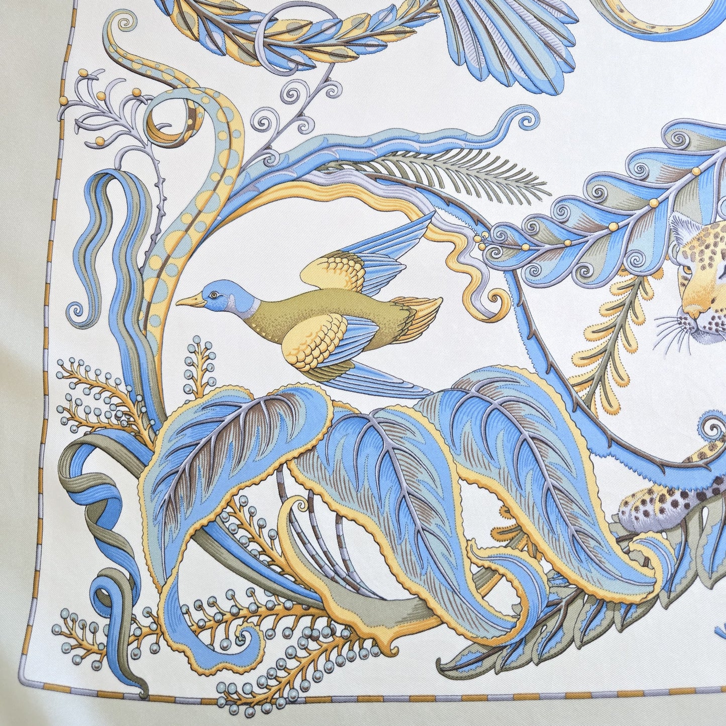 Vintage SALVATORE FERRAGAMO Leopard Botanical Monkeys Birds blue gold brown cream silk scarf 34x35