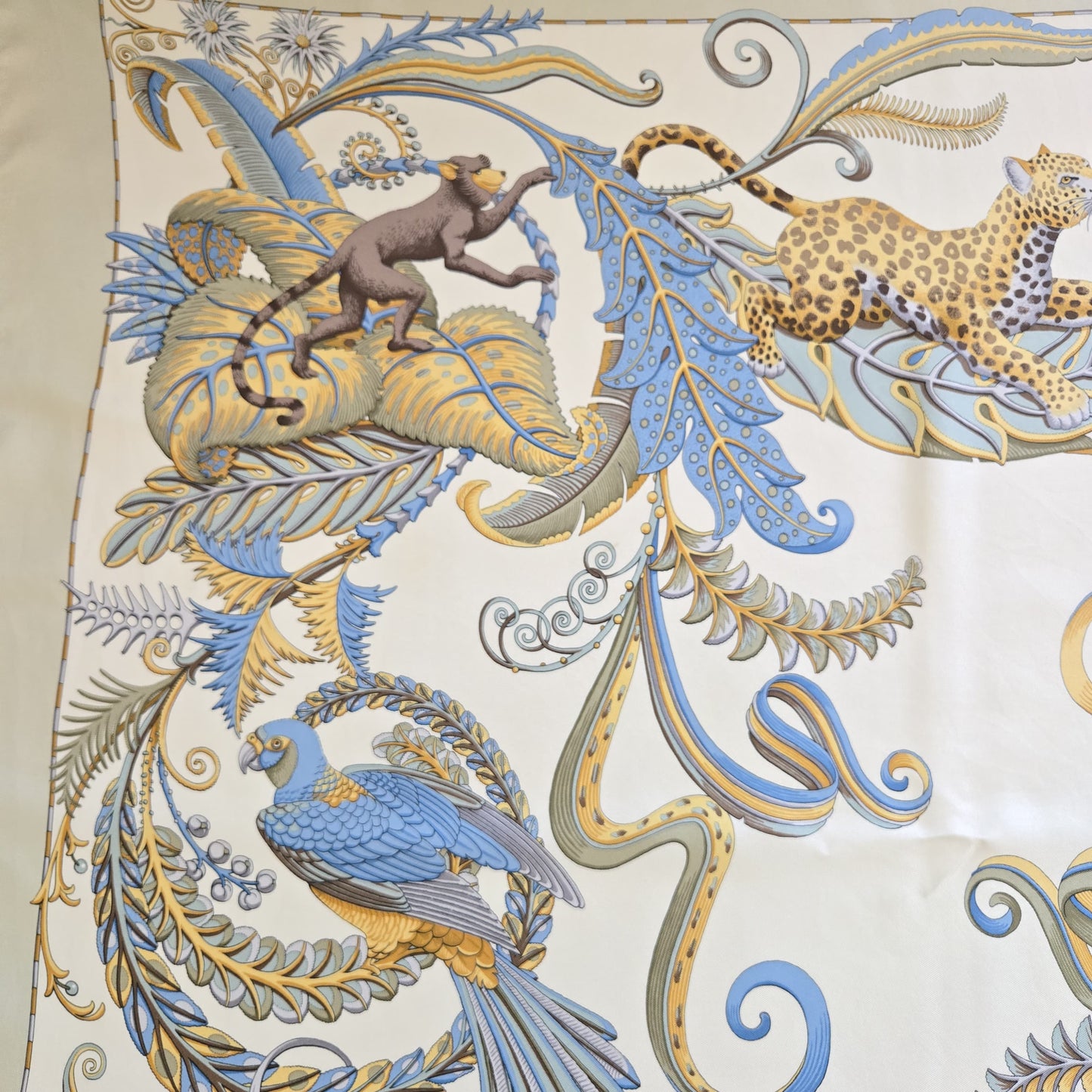 Vintage SALVATORE FERRAGAMO Leopard Botanical Monkeys Birds blue gold brown cream silk scarf 34x35