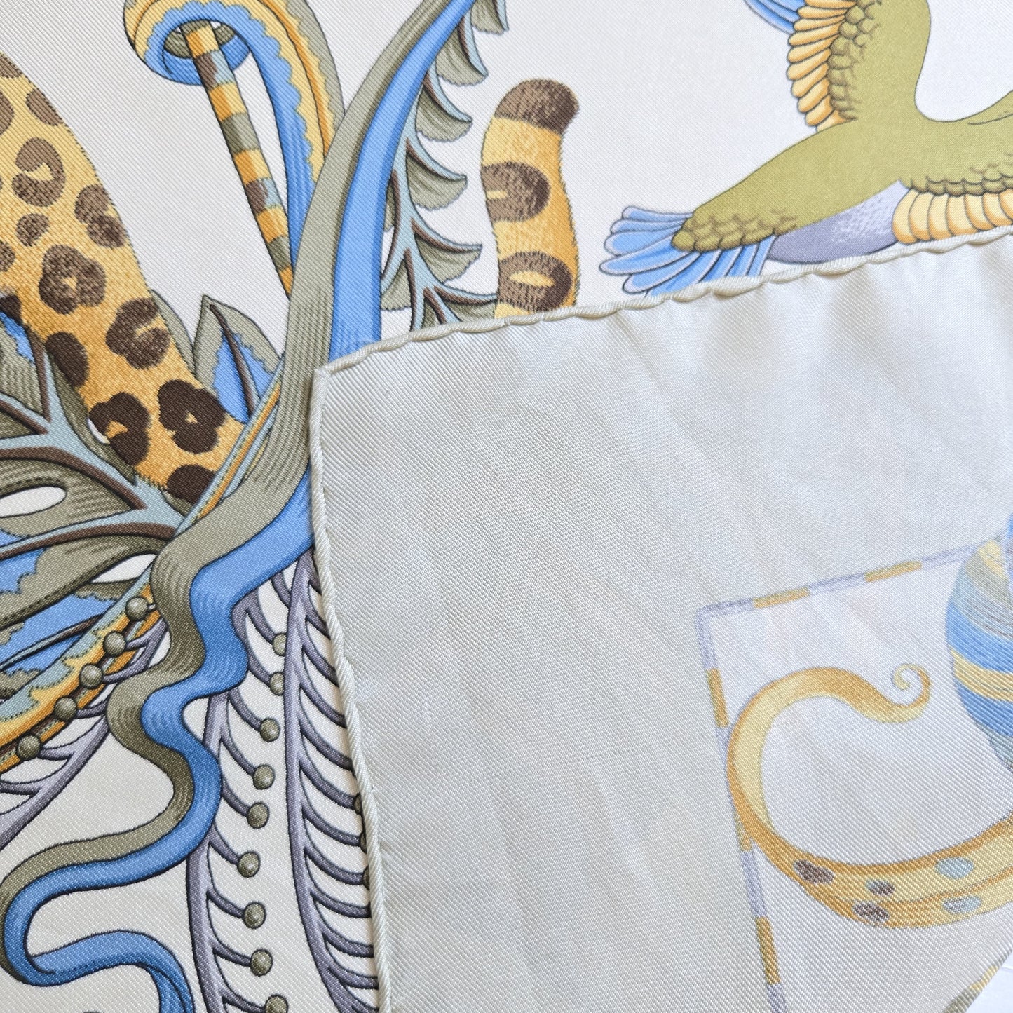 Vintage SALVATORE FERRAGAMO Leopard Botanical Monkeys Birds blue gold brown cream silk scarf 34x35