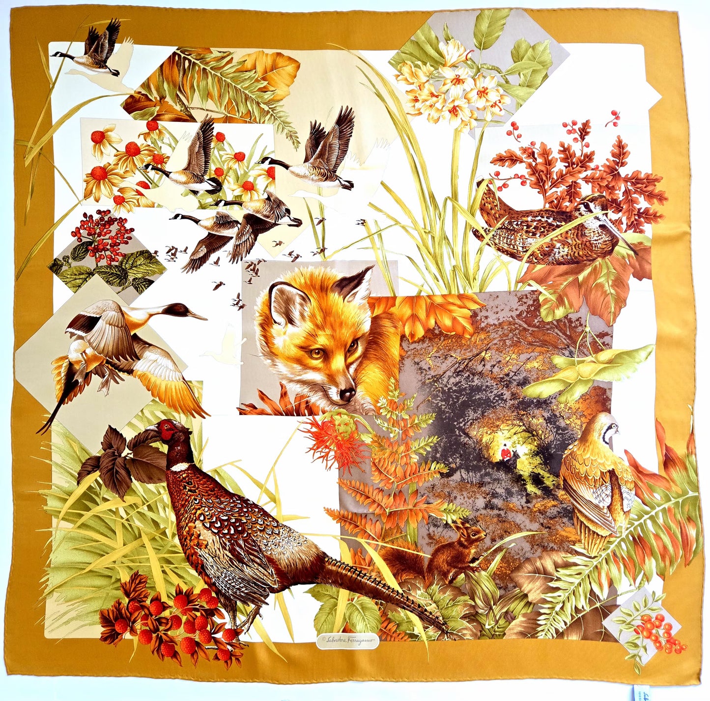 Vintage SALVATORE FERRAGAMO Silk Scarf fall woodland, fox, birds, hunt 34x34