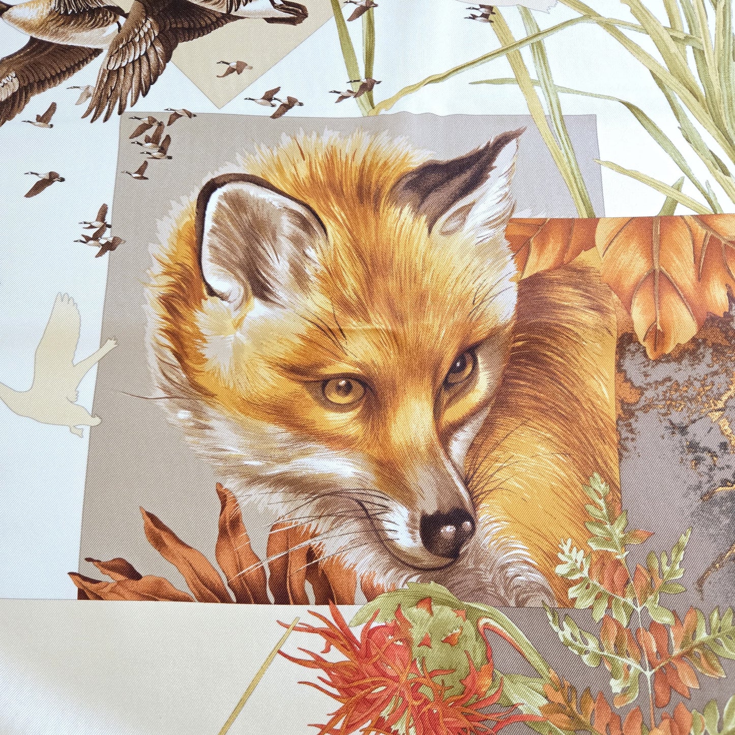 Vintage SALVATORE FERRAGAMO Silk Scarf fall woodland, fox, birds, hunt 34x34