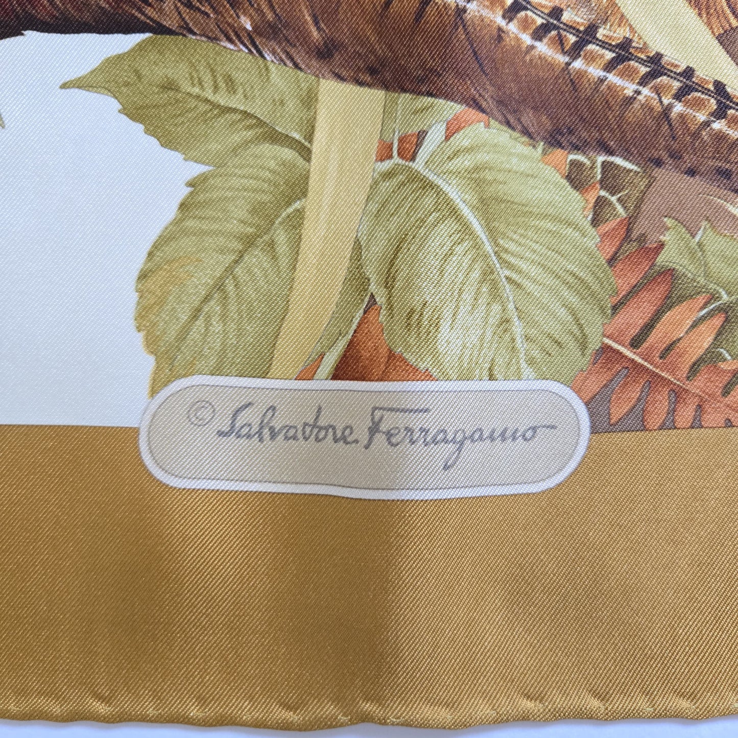 Vintage SALVATORE FERRAGAMO Silk Scarf fall woodland, fox, birds, hunt 34x34
