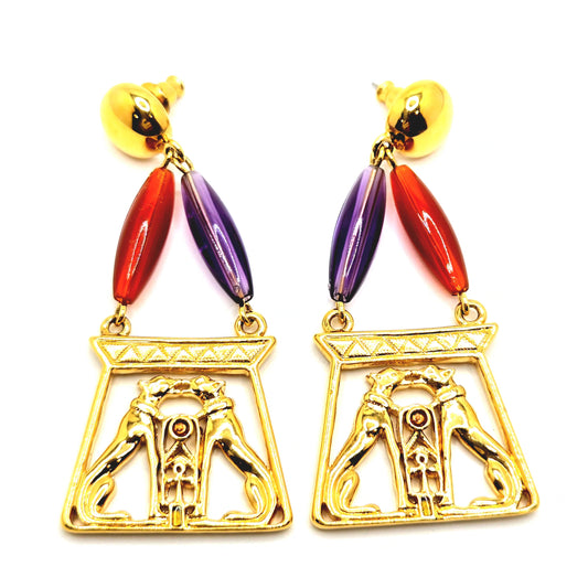 Vintage JACKIE COLLINS  Egyptian Revival Panthers gold tone designer runway Earrings