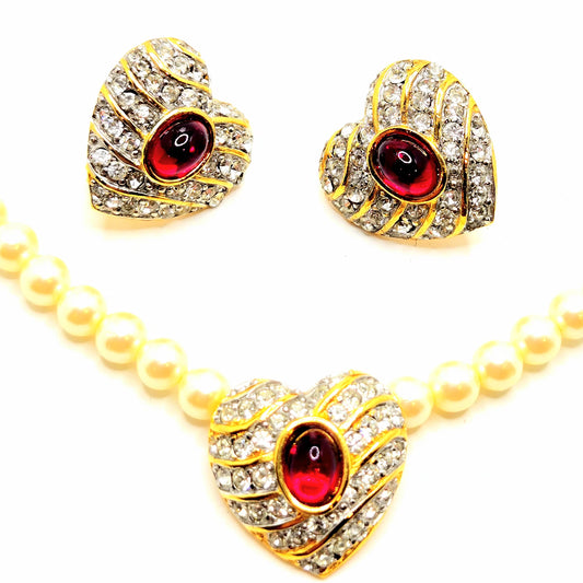 Vintage RICHELIEU Heart Gold Tone Rhinestones Red Jelly Belly Cabochon Faux Pearls Necklace and Earrings Set