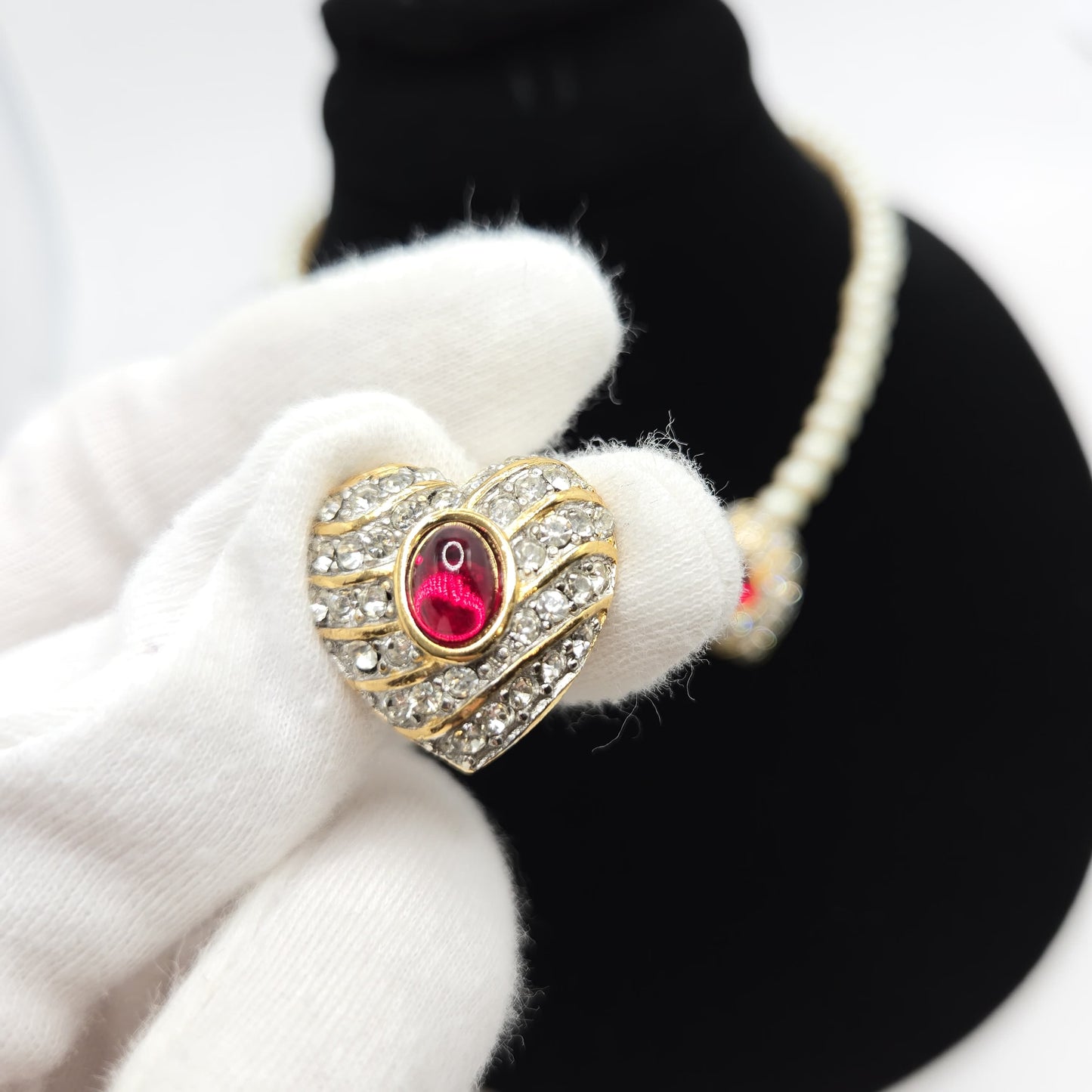 Vintage RICHELIEU Heart Gold Tone Rhinestones Red Jelly Belly Cabochon Faux Pearls Necklace and Earrings Set
