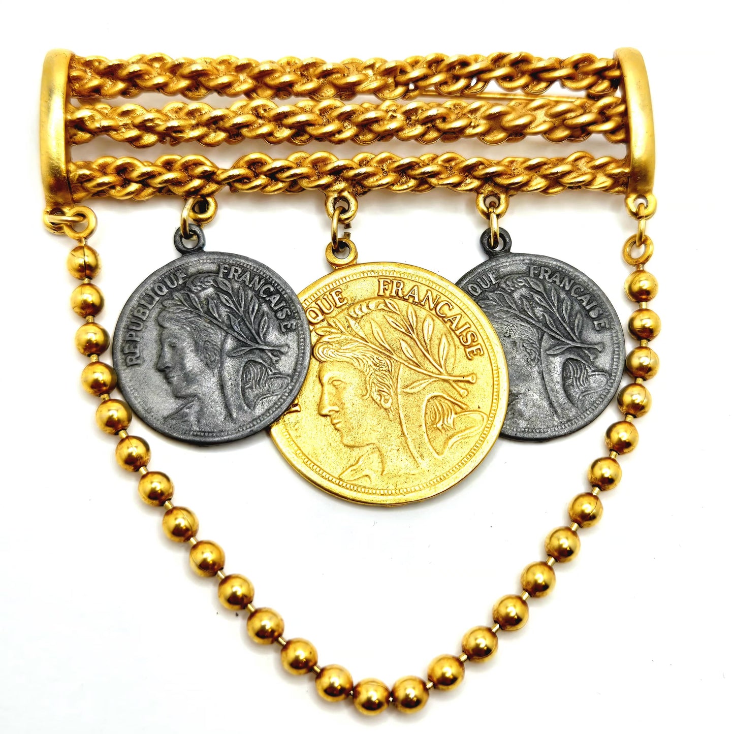 Vintage Republique Francaise Faux Coins Dangle Gold Tone Chain Brooch Pin Designer Runway
