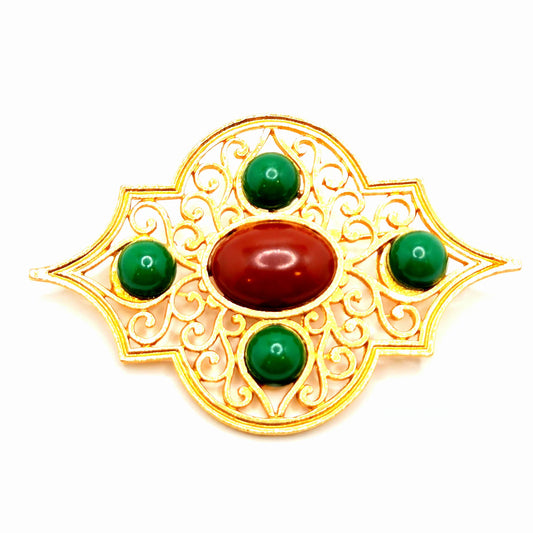 Vintage CORO Open work Red green Cabochon gold tone designer runway Brooch pin