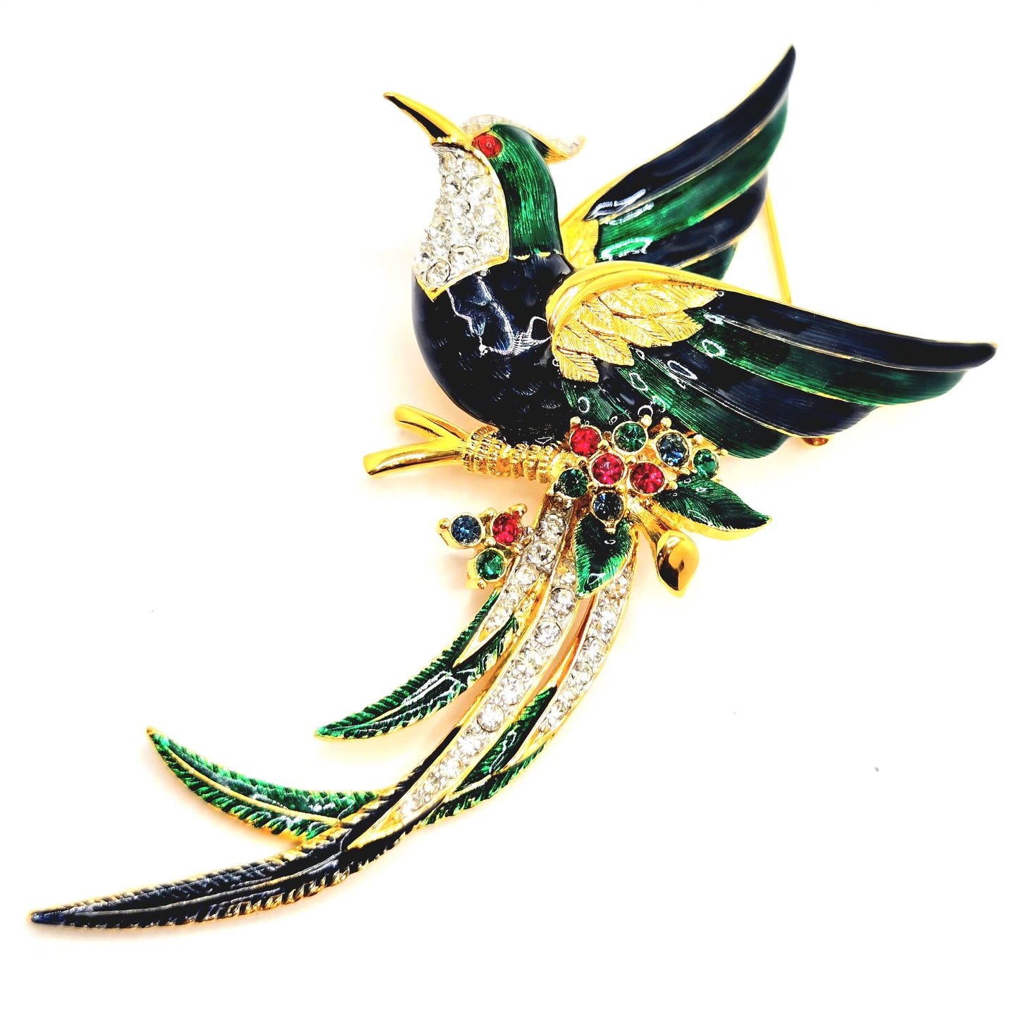 Vintage D'ORLAN BIRD Blue Green Enamel Rhinestones Gold Tone Brooch Pin
