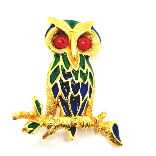 Vintage POLCINI Owl green blue enamel red Cabochon Eyes Brooch Pin