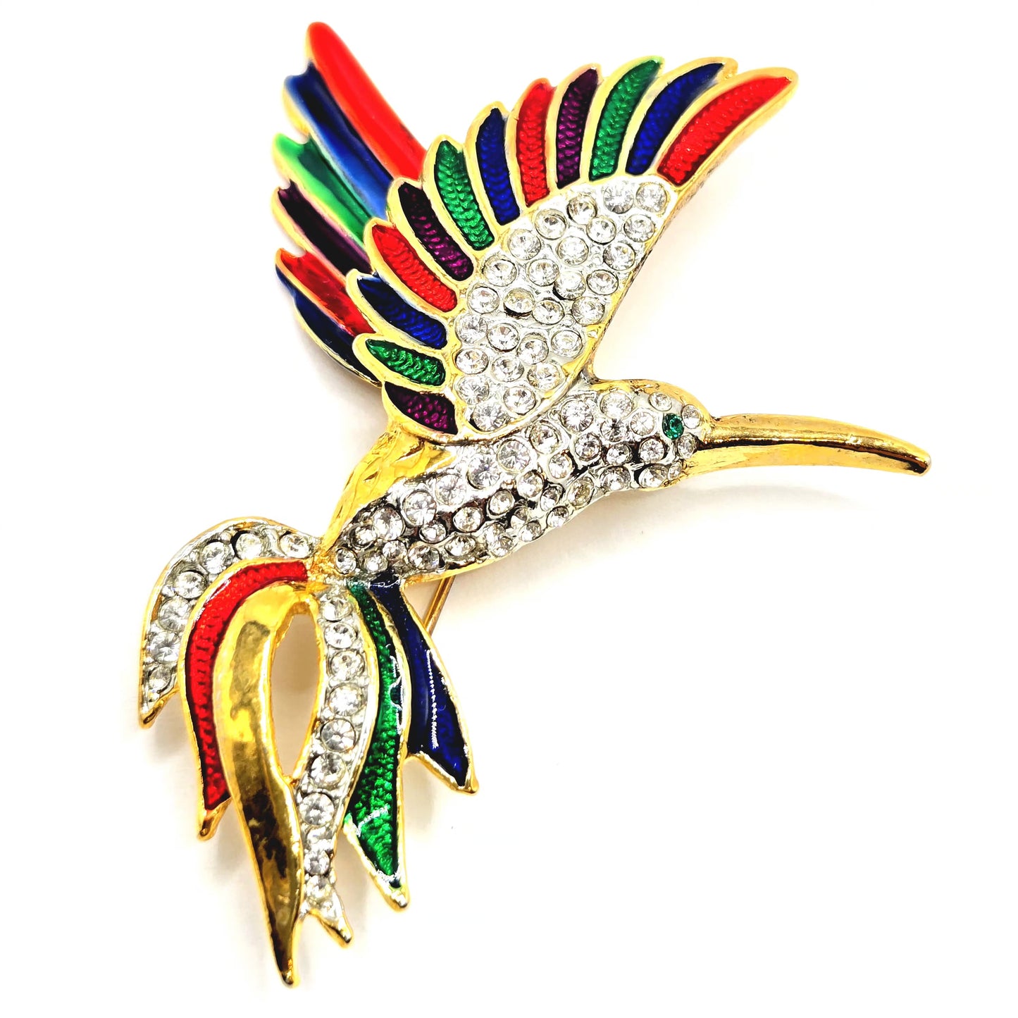 Vintage Beautiful HUMMINGBIRD Red Blue Green Purple Enameled  Rhinestones Gold tone Brooch Pin