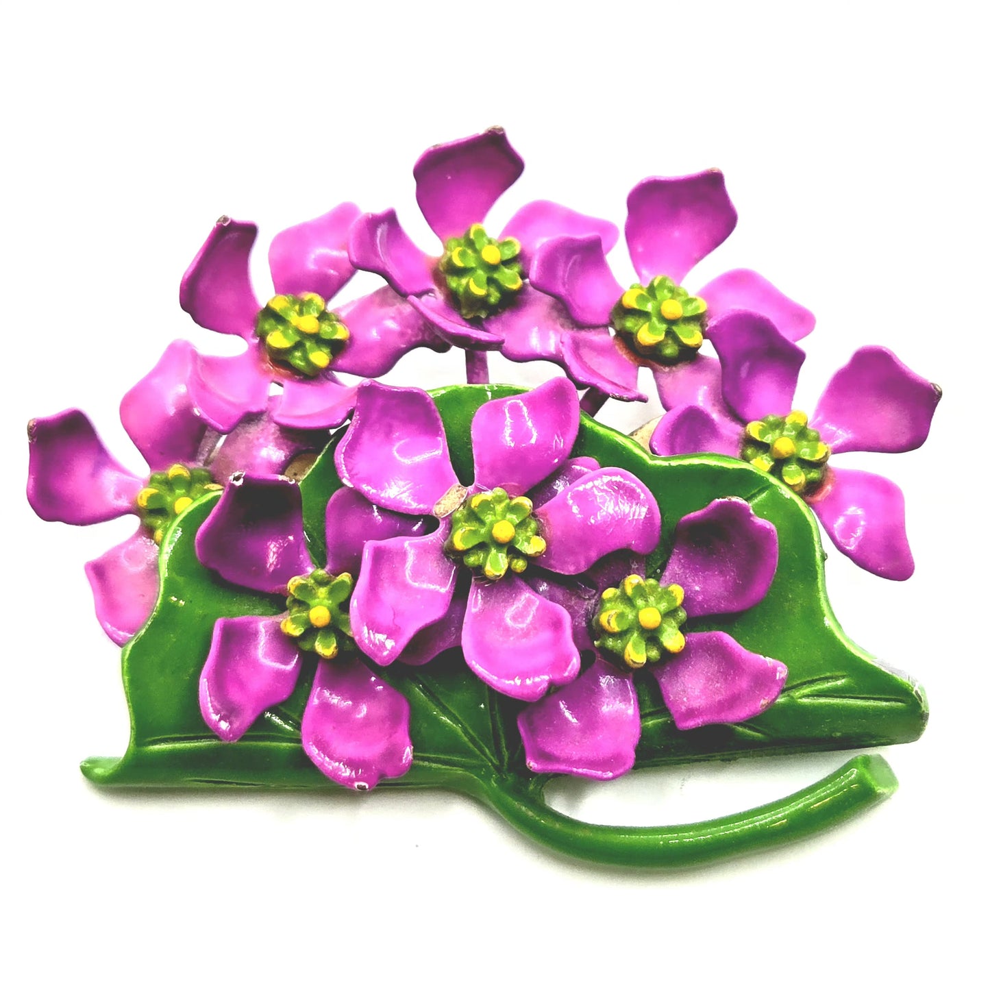Vintage Beautiful PINK FLOWERS ON THE GREEN LEAF Enameled Brooch pin