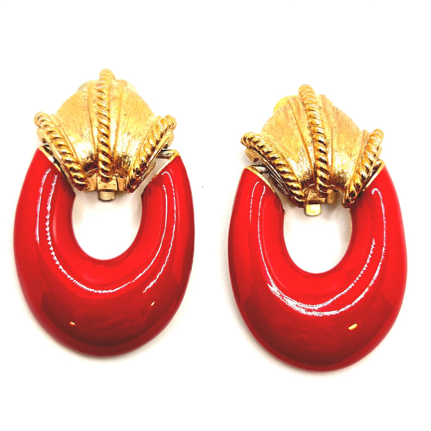 Vintage DOOR KNOCKER Large Etruscan Red Enamel Gold tone Dangle Clip on Earrings