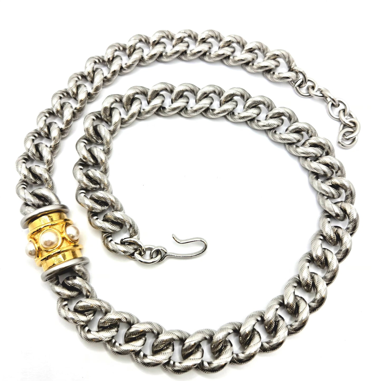 Vintage MONET Brushed Silver tone Faux Pearls Chain Necklace Designer Runway