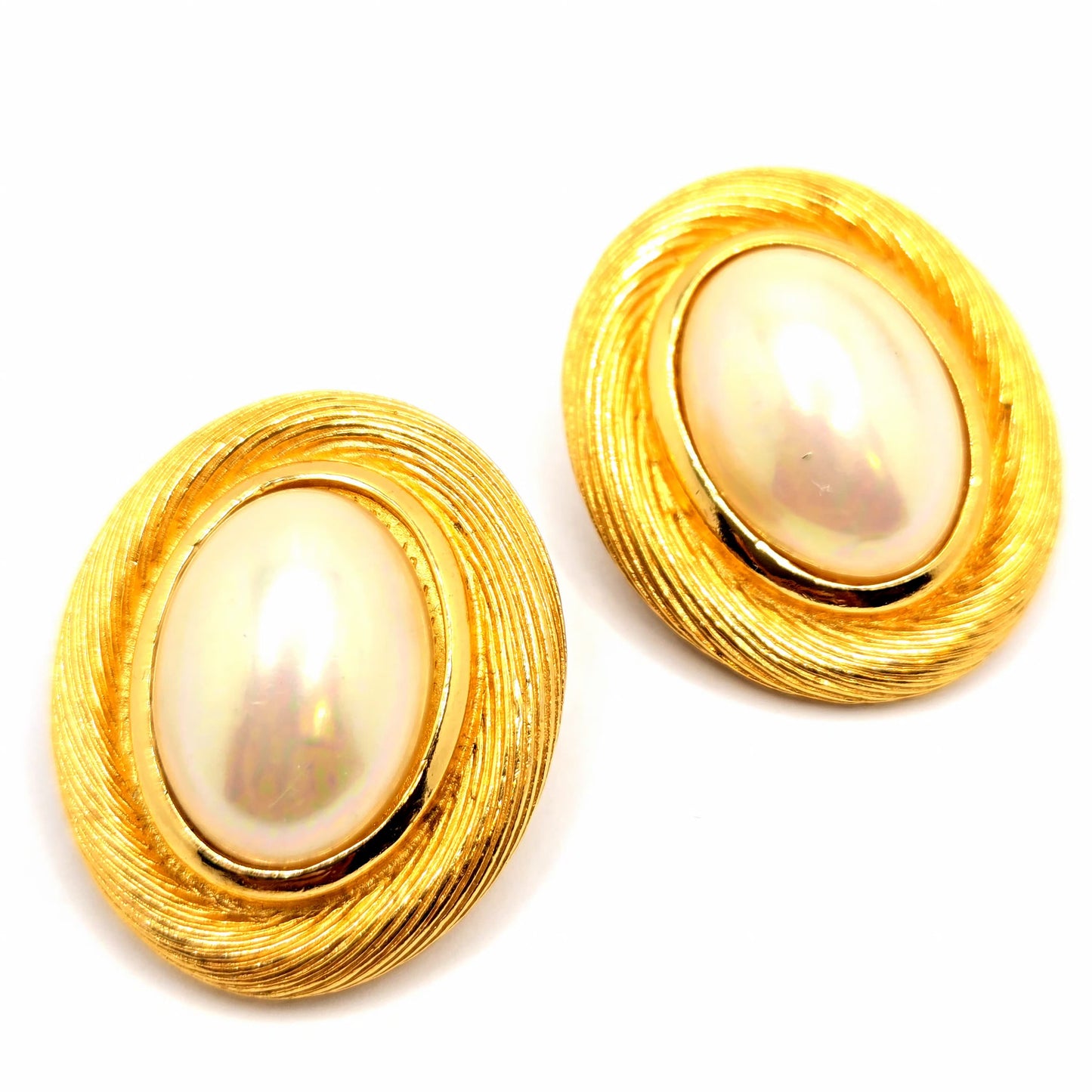 Vintage CHRISTIAN DIOR Oval Gold tone Faux pearl Clip on Earrings