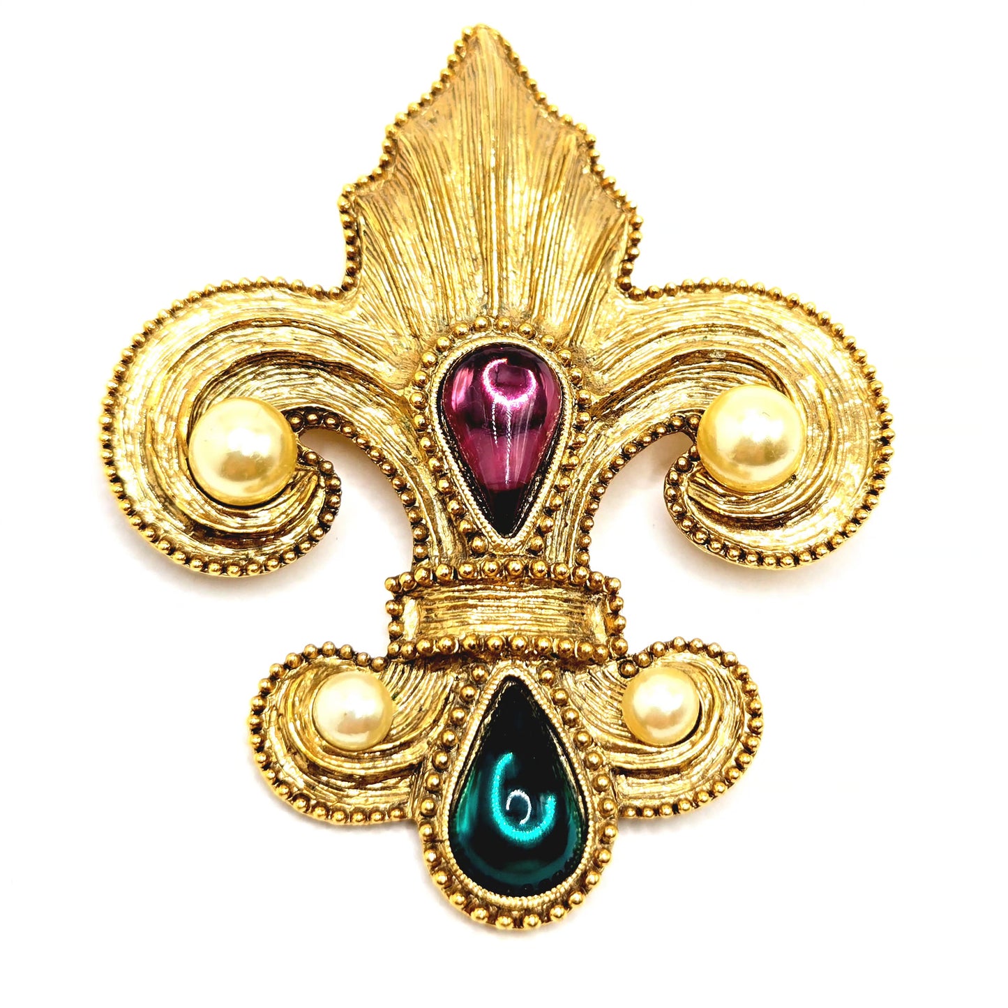Vintage 1928 FLEUR-DE-LIS Purple Teal Faux Pearls Gold tone Brooch Pin