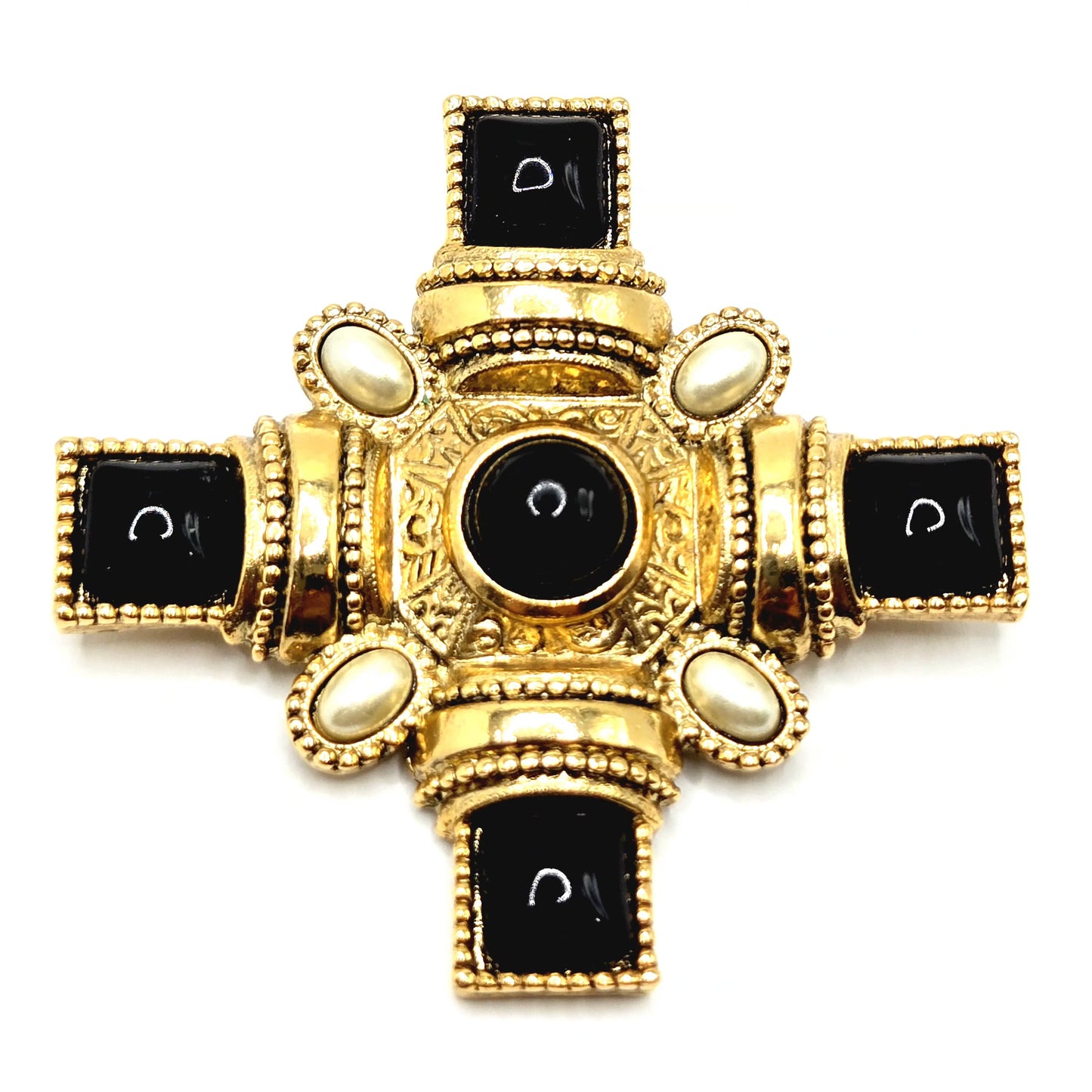 VINTAGE 1928 MALTESE CROSS Black Cabochons Faux Pearls Gold Tone Brooch Pin
