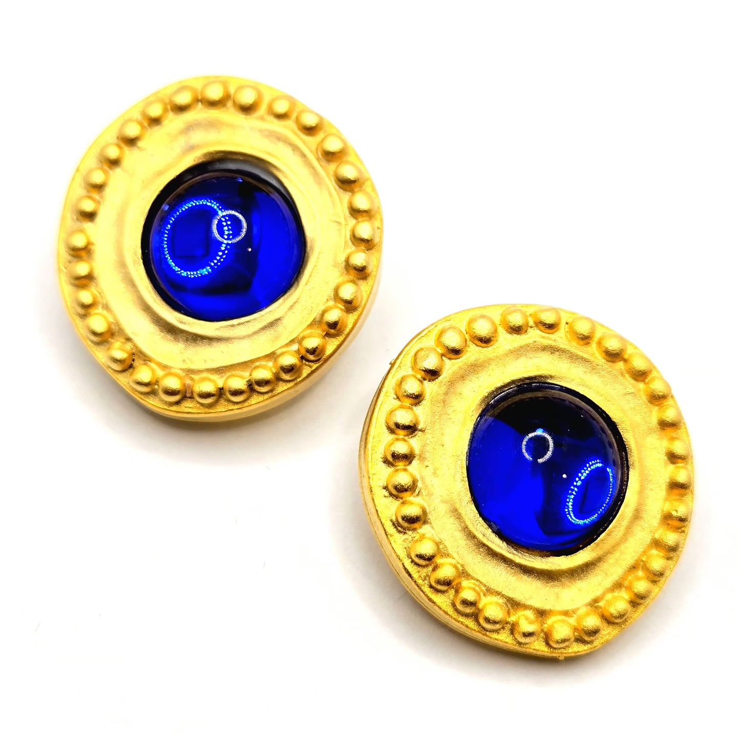 Vintage GENNARO Etruscan Blue Cabochon gold tone Clip on Earrings