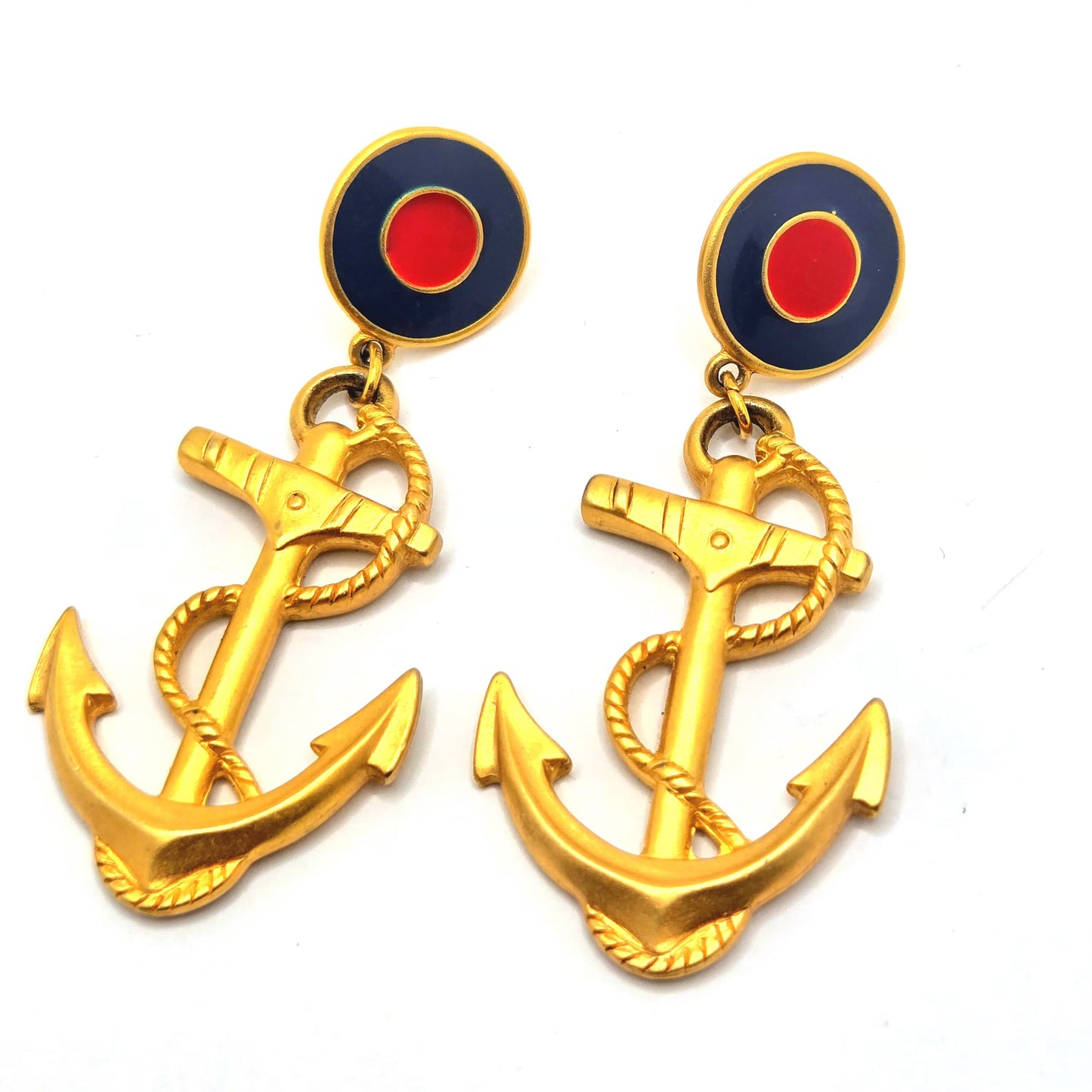 Vintage Designer Runway ANCHOR NAUTICAL Enameled Gold Tone Earrings