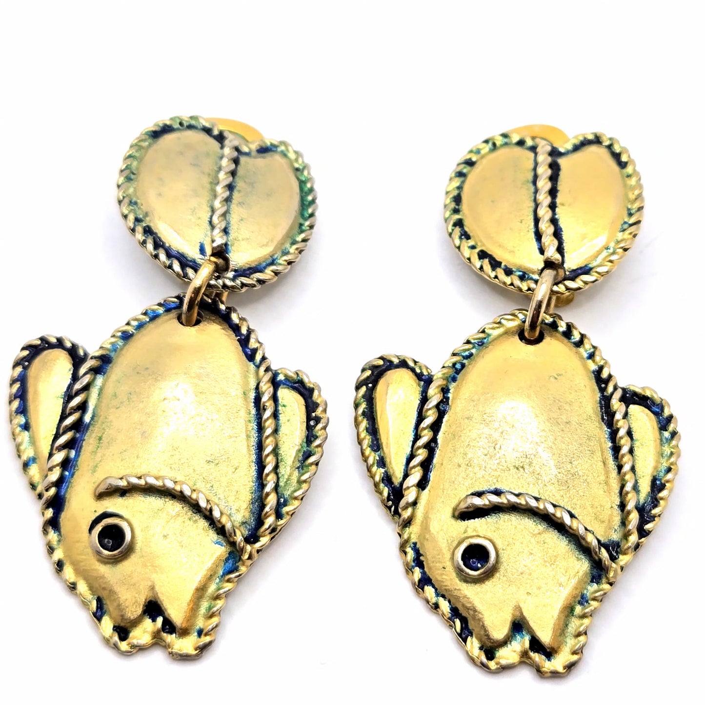 Vintage Large Designer Runway ITALY Signed Fish Dangle Gold Tone Clip on Earrings