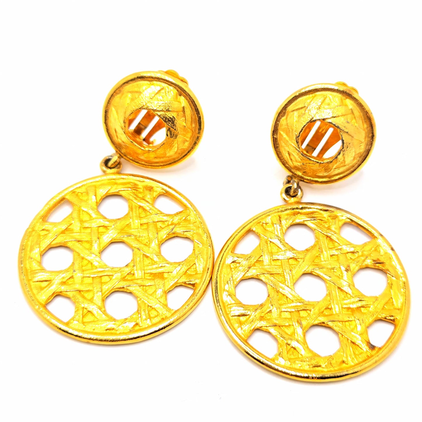 Vintage DAVID DUBIN Signed Gold tone Basket Woven Dangle CLIP on EARRINGS