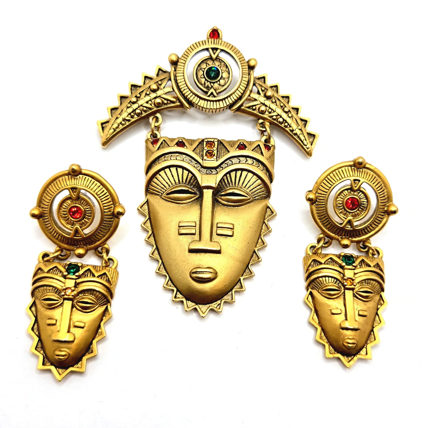 Vintage AVON Tribal Aztec Face Mask Gold tone Rhinestone Brooch Pin and earrings set